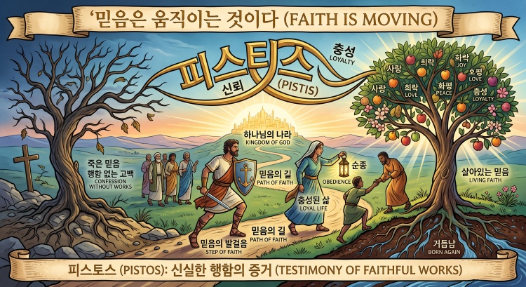 성경 헬라어 원어 피스토스와 피스티스로 살펴보는 믿음과 행함 일러스트